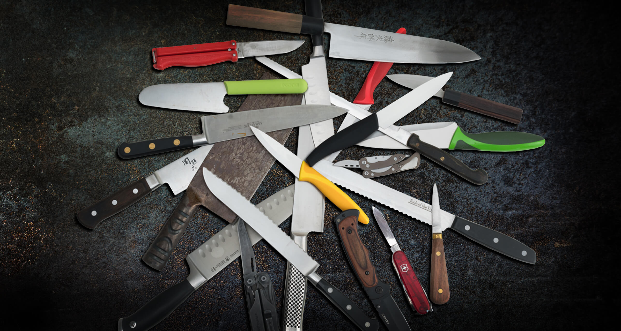 Decorative image showing multiple knives of all sizes and types
